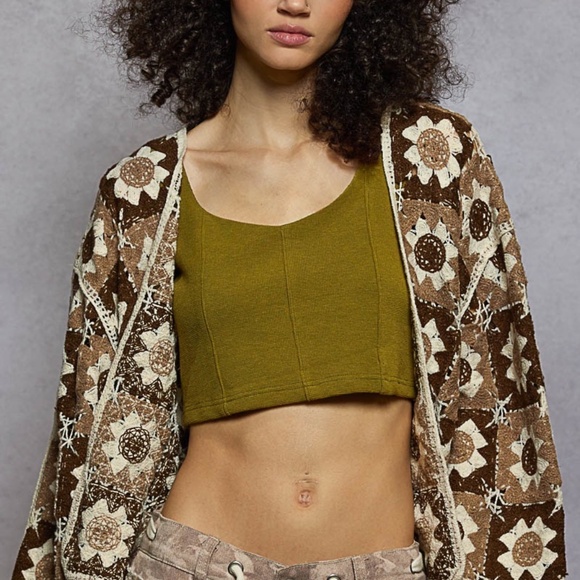 NEW POL CROCHET CARDIGAN 3/4 SLEEVE OPEN CARDI TOP FLOWER DETAIL OSFM ONE SIZE - Picture 5 of 8